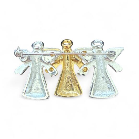 Christmas 3 Guardian Angels Brooch Pin Signed 3 AB Crystals Gold & Sil PLT NWT - Picture 3 of 3